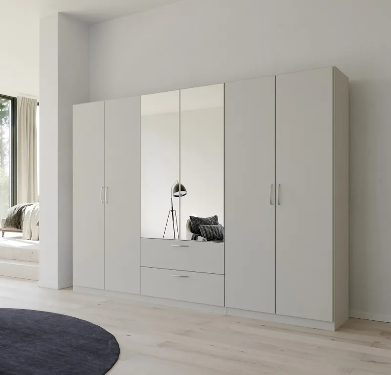 Kleiderschrank Drehtürenschrank Quadra-Spin | 6-türig | mit Spiegeltüren & Schubkästen | seidengrau | 271x210 | Griff Pure