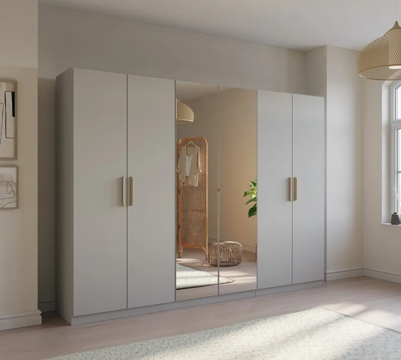 Kleiderschrank Drehtürenschrank Quadra-Spin | 6-türig | mit Spigeltüren | seidengrau | 271x210 | Griff Skandi