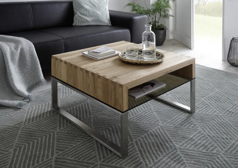 Couchtisch Hilary | Asteiche massiv | mit Glasplatte | 70x70 | Eiche