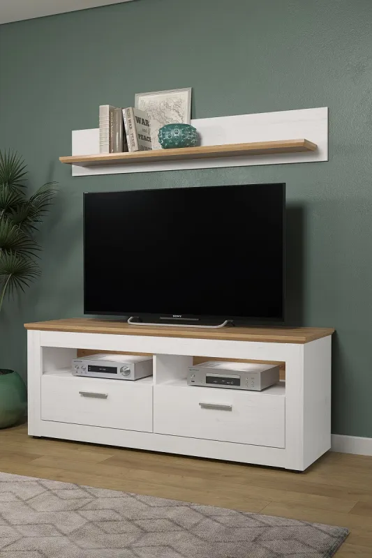 Lowboard TV-Schrank Shade | Andersen Pinie weiß / Artisan Eiche | Landhausstil | mit 2er Set LED Unterbauspots