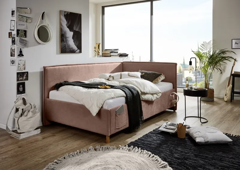 Polsterbett Fun | rose | 140 x 200 cm | mit Rückenteil | mit Bettkasten & mit Matratze