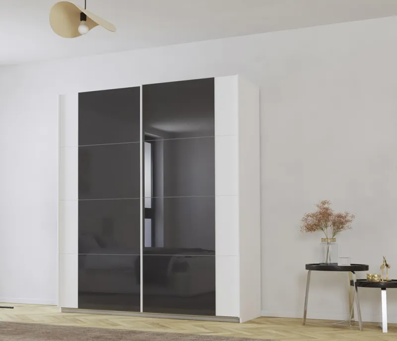 Schwebetürenschrank Artemis | mit Glastüren | alpinweiß / basalt grau | 181 x 210 x 62 cm