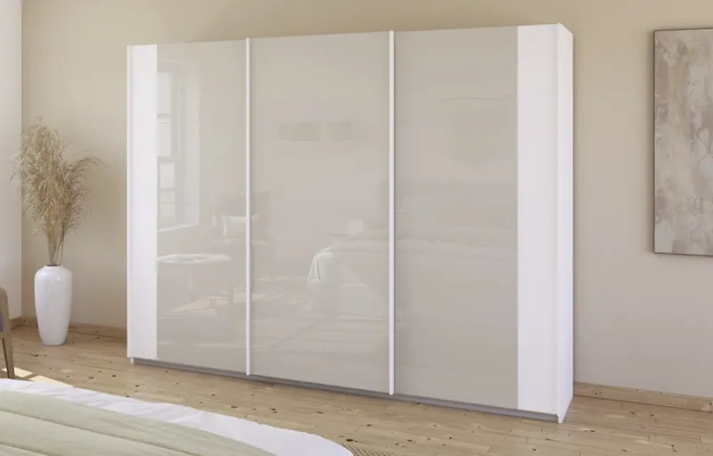 Schwebetürenschrank Artemis | mit Glastüren | alpinweiß / champagner | 271 x 210 x 62 cm