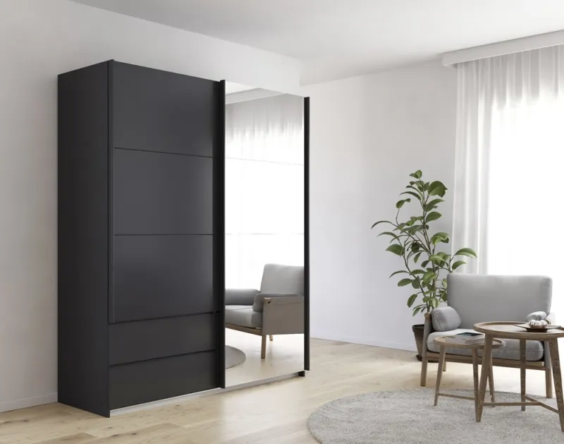 Schwebetürenschrank Elara | mit Spiegel | grau metallic | 181 cm x 210 cm x 62 cm