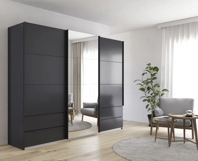 Schwebetürenschrank Elara mit Spiegel | grau metallic | 271 x 210 x 62 cm