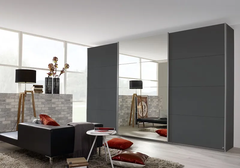 Schwebetürenschrank Kulmbach | 3-türig | mit Spiegel & Zubehör | grau metallic | 360x210