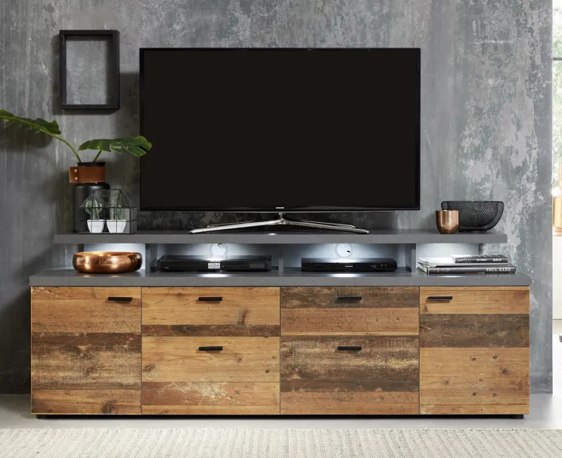 TV Lowboard Mood | Old Used Wood / Matera grau | Shabby Look mit 4er Set LED Beleuchtung