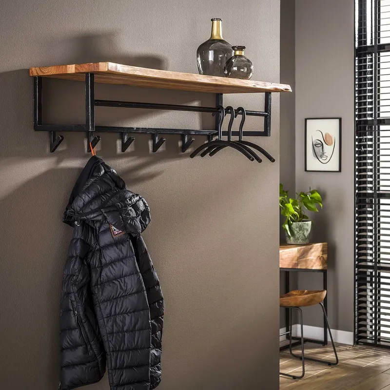 Wandgarderobe Garderobenpaneel Kes mit Hutablage & 6 Haken | Akazie massiv
