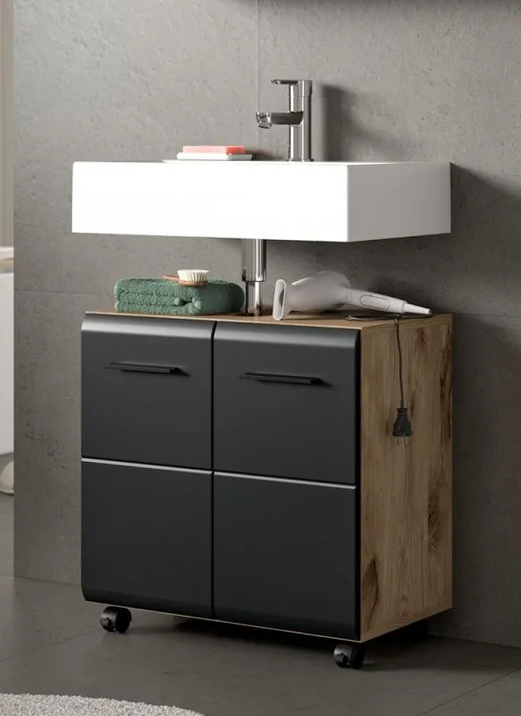 Waschbeckenunterschrank Ice | auf Rollen | Nox Oak / schwarz