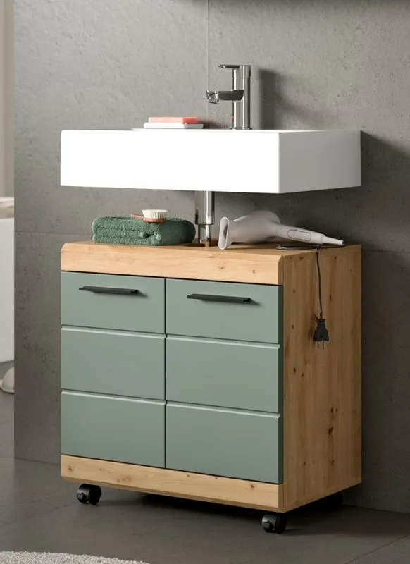 Waschbeckenunterschrank Scout auf Rollen | Salbei / Artisan Eiche