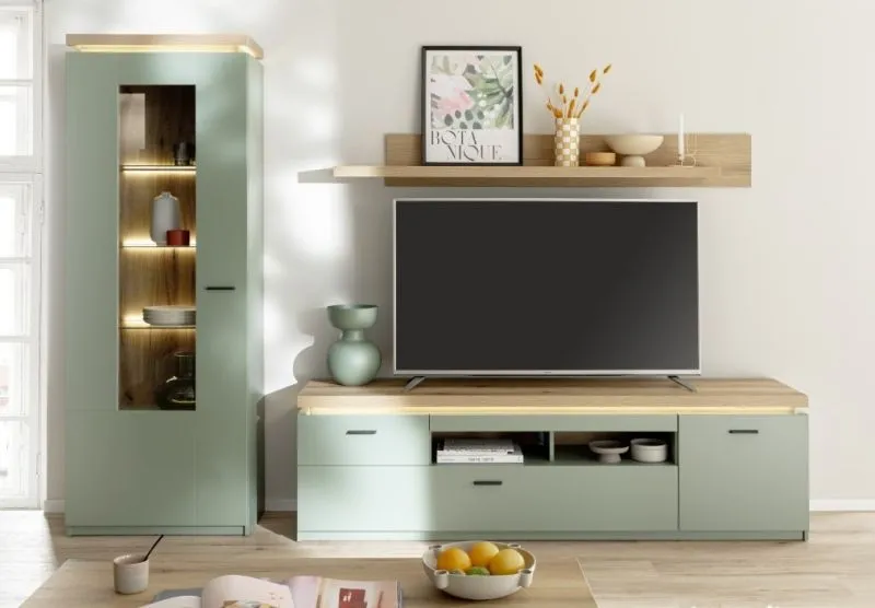 Wohnkombination Moniz | Salbei grün / Eiche Evoke | 3-teilig | LED Beleuchtung