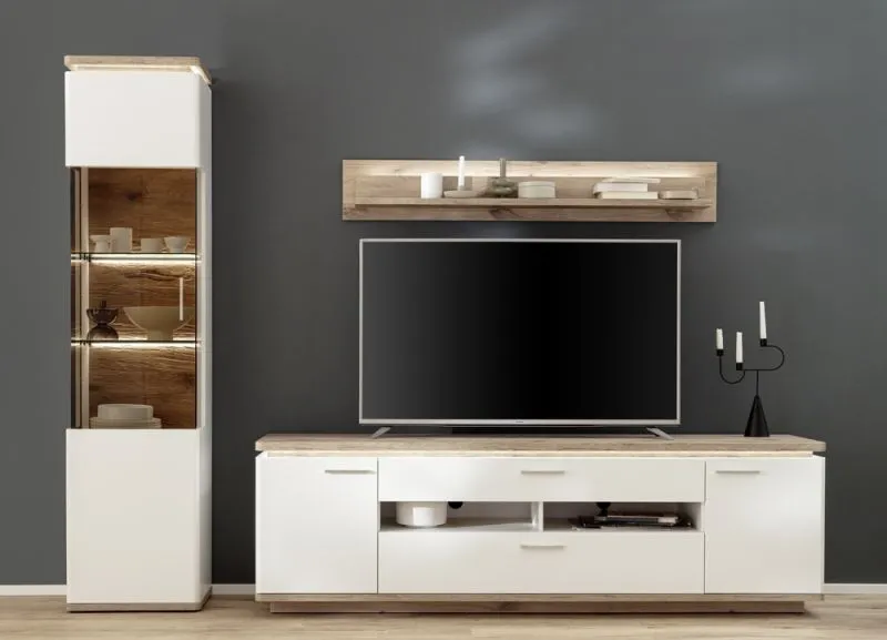 Wohnkombination Palermo 2 | Soft white / Viking Oak | 3-teilig | mit 135 cm Beleuchtung