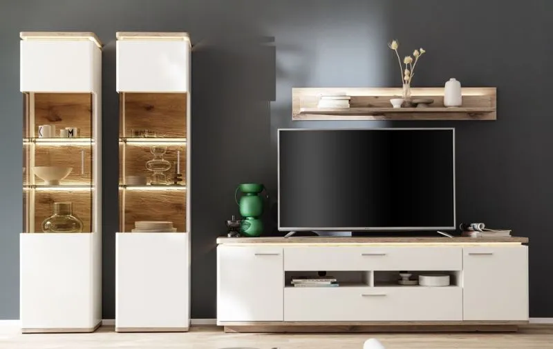 Wohnkombination Palermo 4 | Soft white / Viking Oak | 4-teilig | komplett Beleuchtung