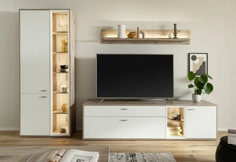 Wohnkombination Santerno 1 | Soft white / Viking Oak | 3-teilig | mit 50 cm Beleuchtung