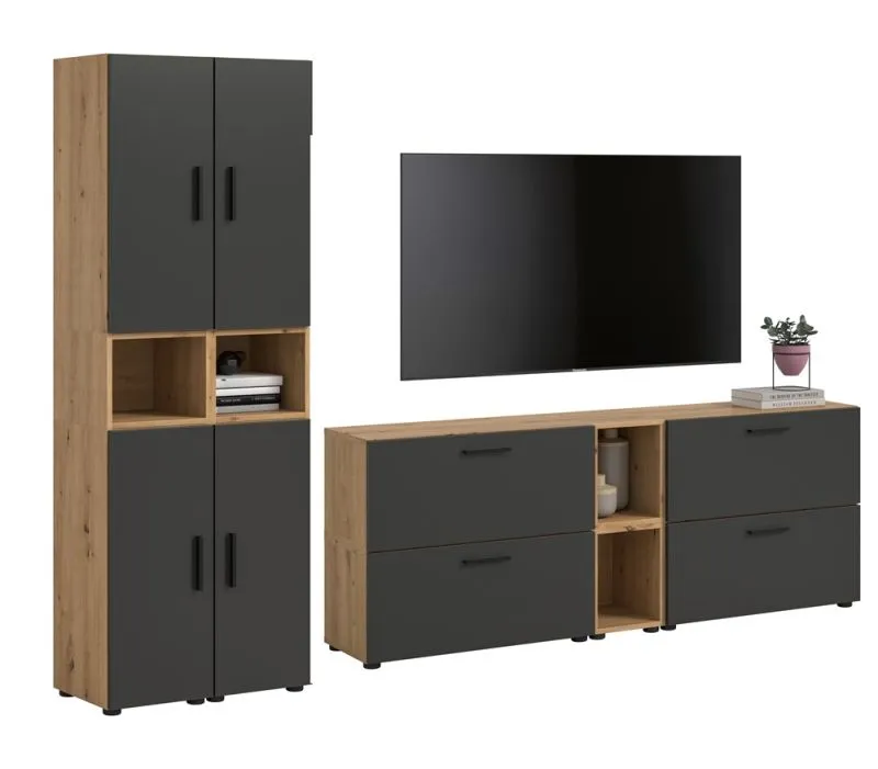 Wohnkombination The One 1 | 12-teilig | Artisan Oak / Basalt grau mit 4er Set Unterbauspot