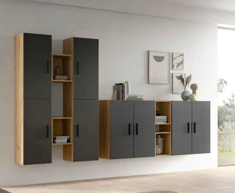Wohnkombination The One | 12-teilig | Artisan Oak / Basalt grau mit 2er Set Unterbauspot