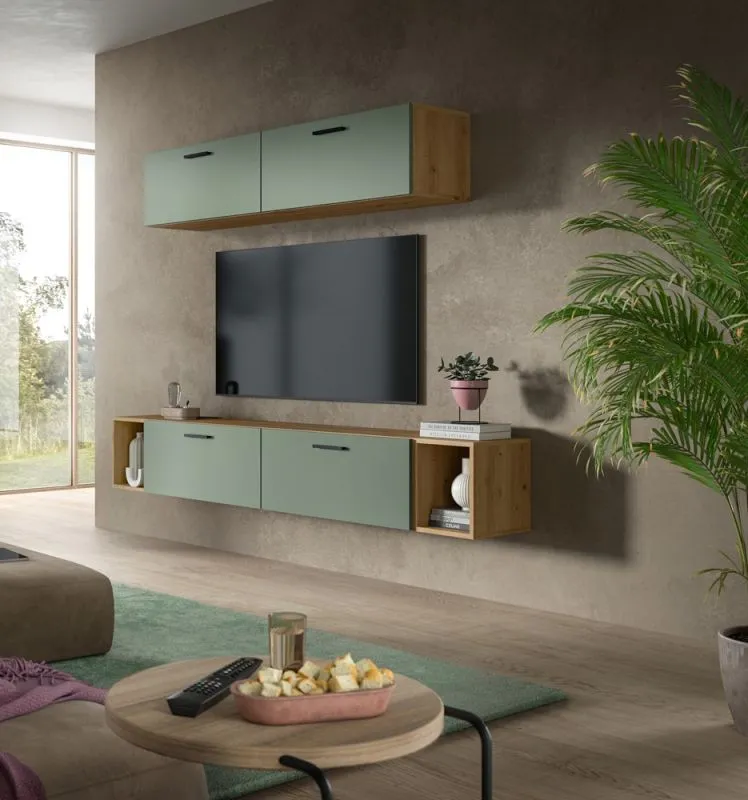 Wohnkombination The One 4 | 6-teilig | Artisan Oak / Smoke Green LED Bad warm-weiß 2x 110cm