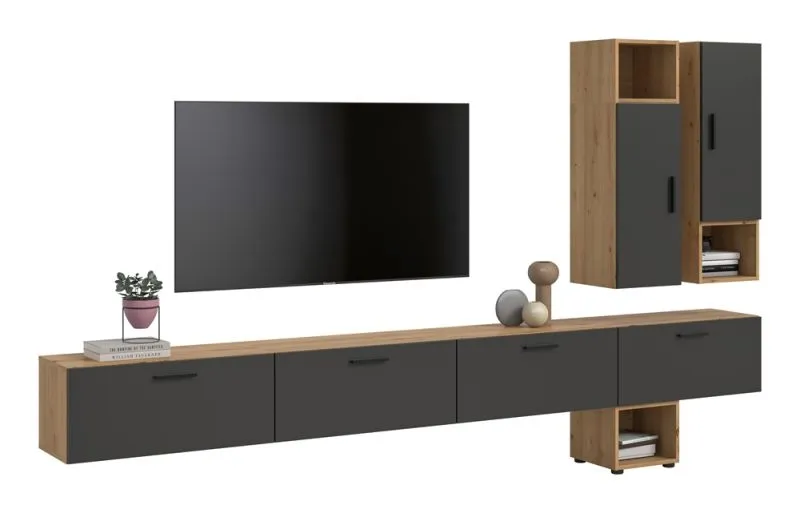 Wohnkombination The One | 9-teilig | Artisan Oak / Basalt grau mit LED Bad warm-weiß 2x 110cm