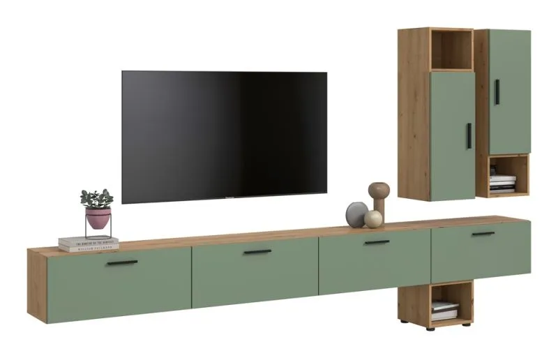 Wohnkombination The One | 9-teilig | Artisan Oak / Smoke Green mit 2er Set Unterbauspot