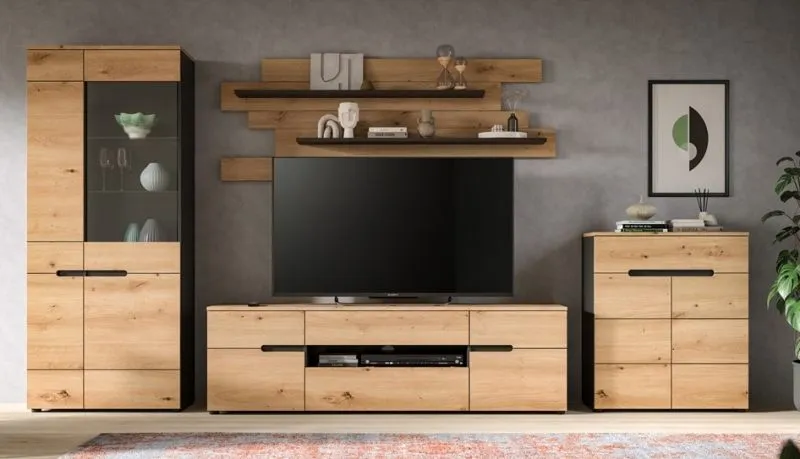 Wohnwand Anbauwand Canu | 4-teilig | Artisan / Basalt Grau | LED Beleuchtung