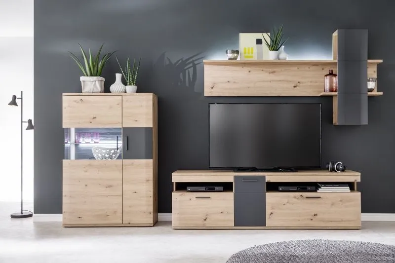 Wohnwand Anbauwand Cortona 2 | Balkeneiche / anthrazit | 3-teilig | LED Beleuchtung 2