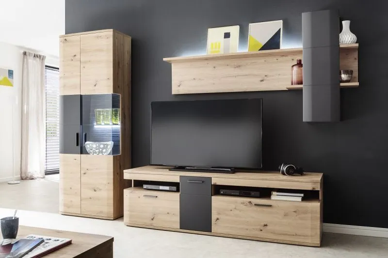 Wohnwand Anbauwand Cortona | Balkeneiche / anthrazit | 3-teilig