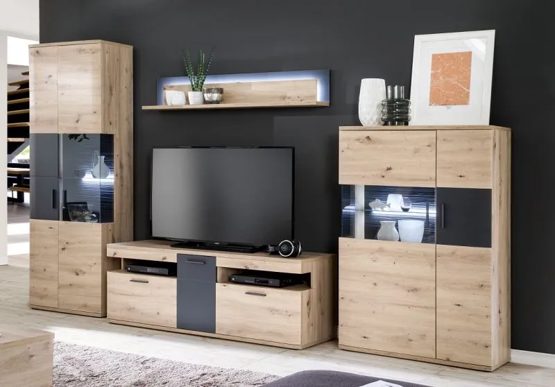 Wohnwand Anbauwand Cortona | Balkeneiche / anthrazit | 4-teilig | LED Beleuchtung 2