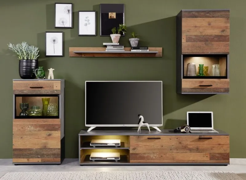 Wohnwand Anbauwand Mango | Old Used Wood / Matera grau | 4-teilig | LED Beleuchtung 7