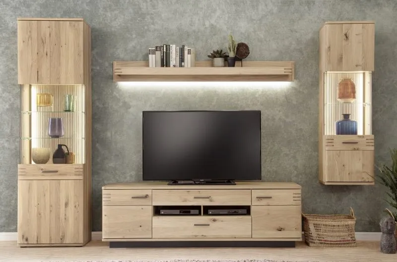 Wohnwand Anbauwand Salvador | Balkeneiche Bianco | 4-teilig | LED 4