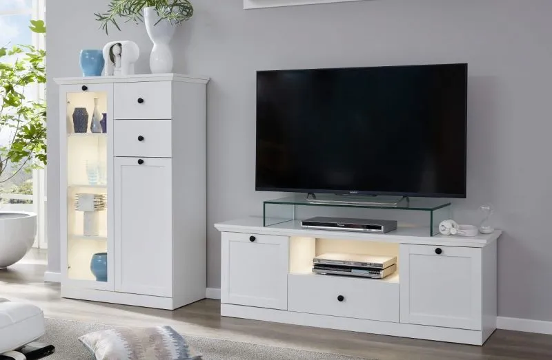 Wohnwand Baxter | weiß | Landhausstil | 2-teilig | LED Beleuchtung 2