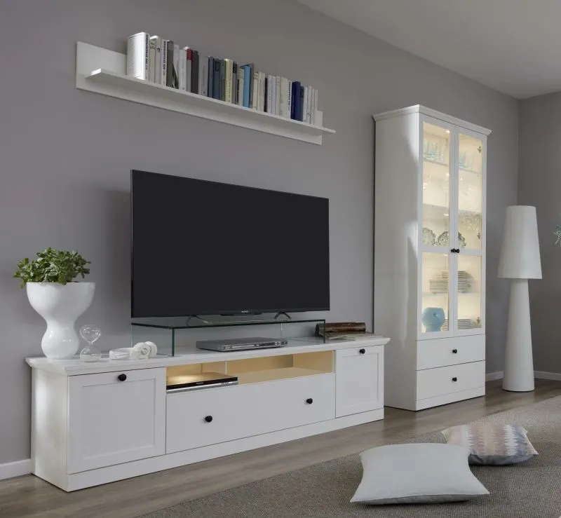 Wohnwand Baxter | weiß | Landhausstil | 3-teilig | LED Beleuchtung