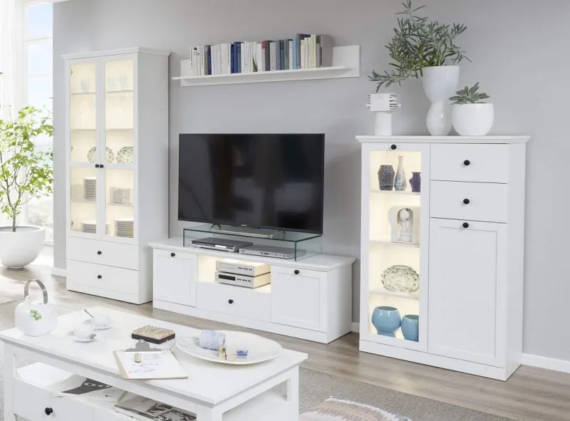 Wohnwand Baxter | weiß | Landhausstil | 4-teilig | LED Beleuchtung 3