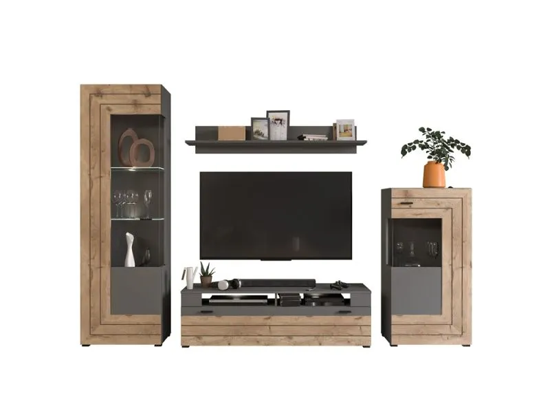 Wohnwand Freno | grau matt / Nox Oak | 4-teilig | LED Beleuchtung 6