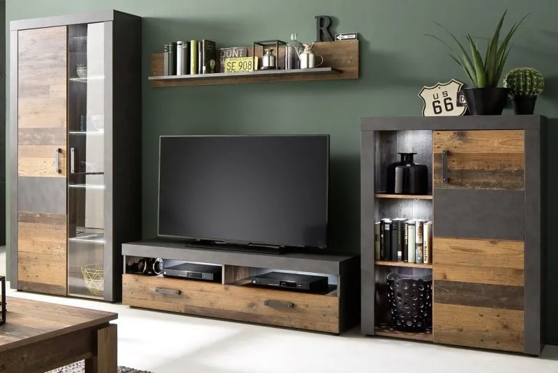 Wohnwand Indy | Old Used Wood / Matera grau | 4-teilig | Shabby Look | LED Beleuchtung 2