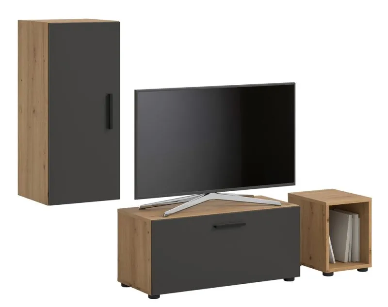 Wohnwand The One | 3-teilig | Artisan Oak / Basalt grau mit 2er Set Unterbauspot warmweiß
