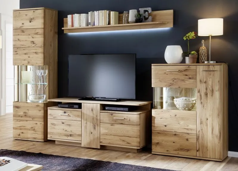 Wohnwand Wohnkombination Santori | Eiche Bianco | 4-teilig | LED 3