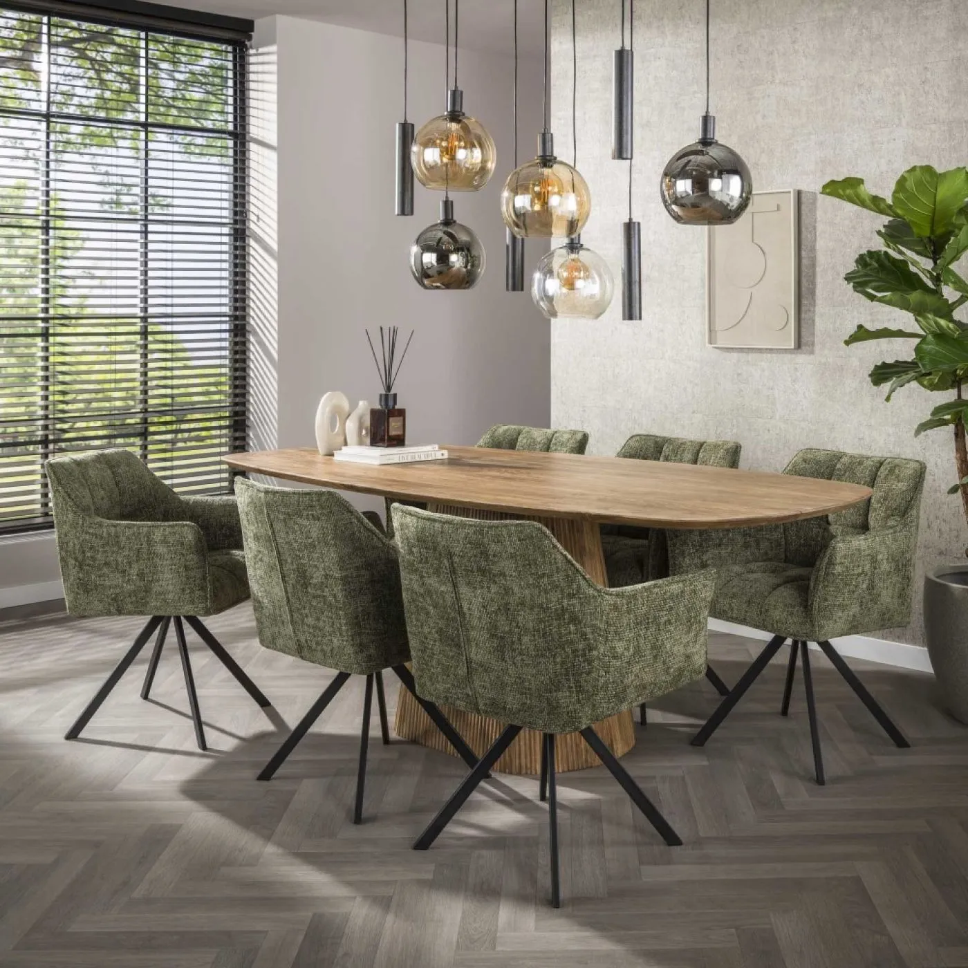 2er Set Stuhl Toik mit Armlehnen | drehbar | Hoven-Stoff / Chenillegewebe | grün