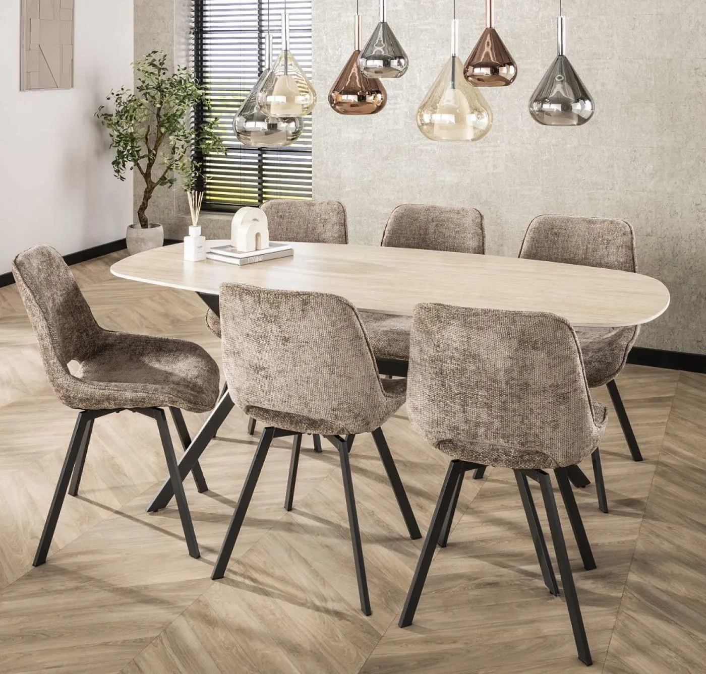 4er Set Stuhl Basi | drehbar | Chenille-Stoff | champagne
