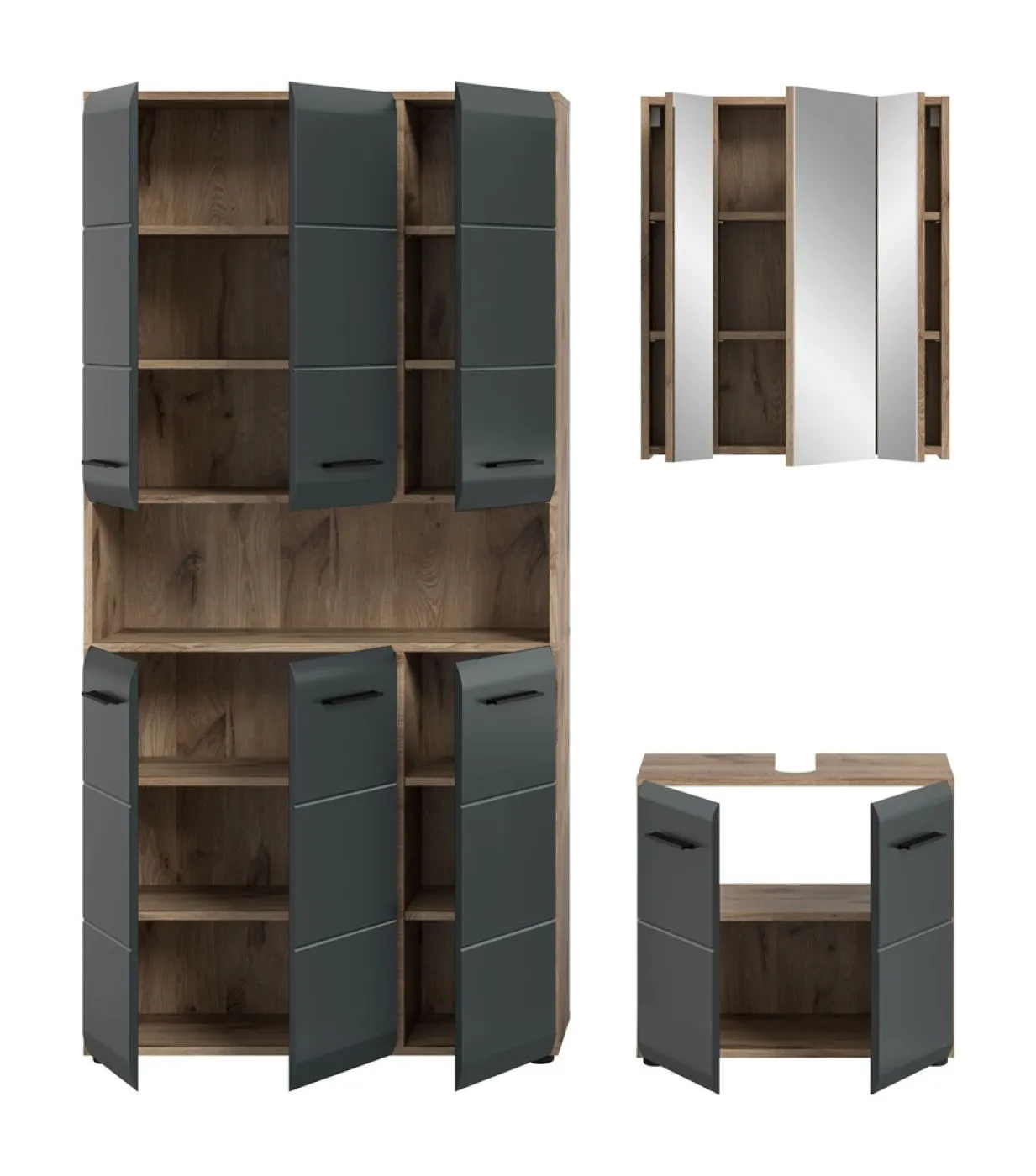 Bad Set Ice 10 | 3-teilig | Nox Oak / schwarz matt mit Badaufsatzleuchte