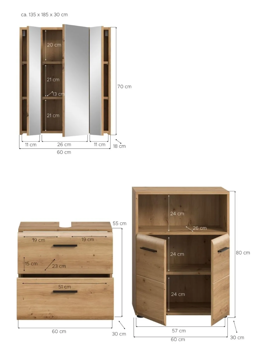 Bad Set Ice 3 | 3-teilig | Artisan Oak mit Badaufsatzleuchte