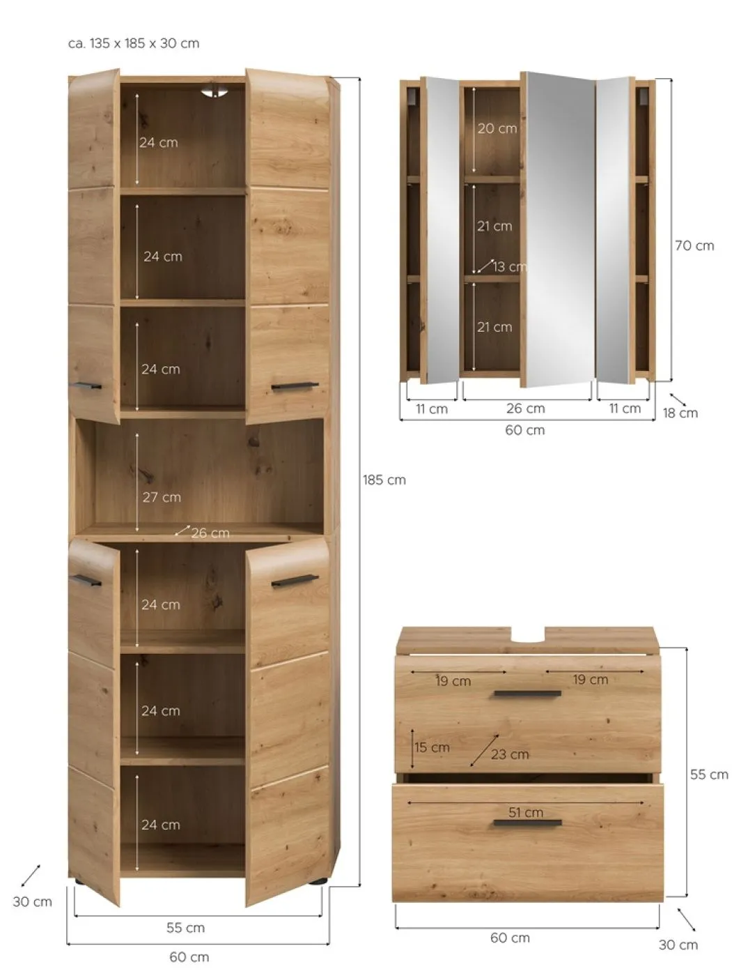 Bad Set Ice | 3-teilig | Artisan Oak mit Badaufsatzleuchte