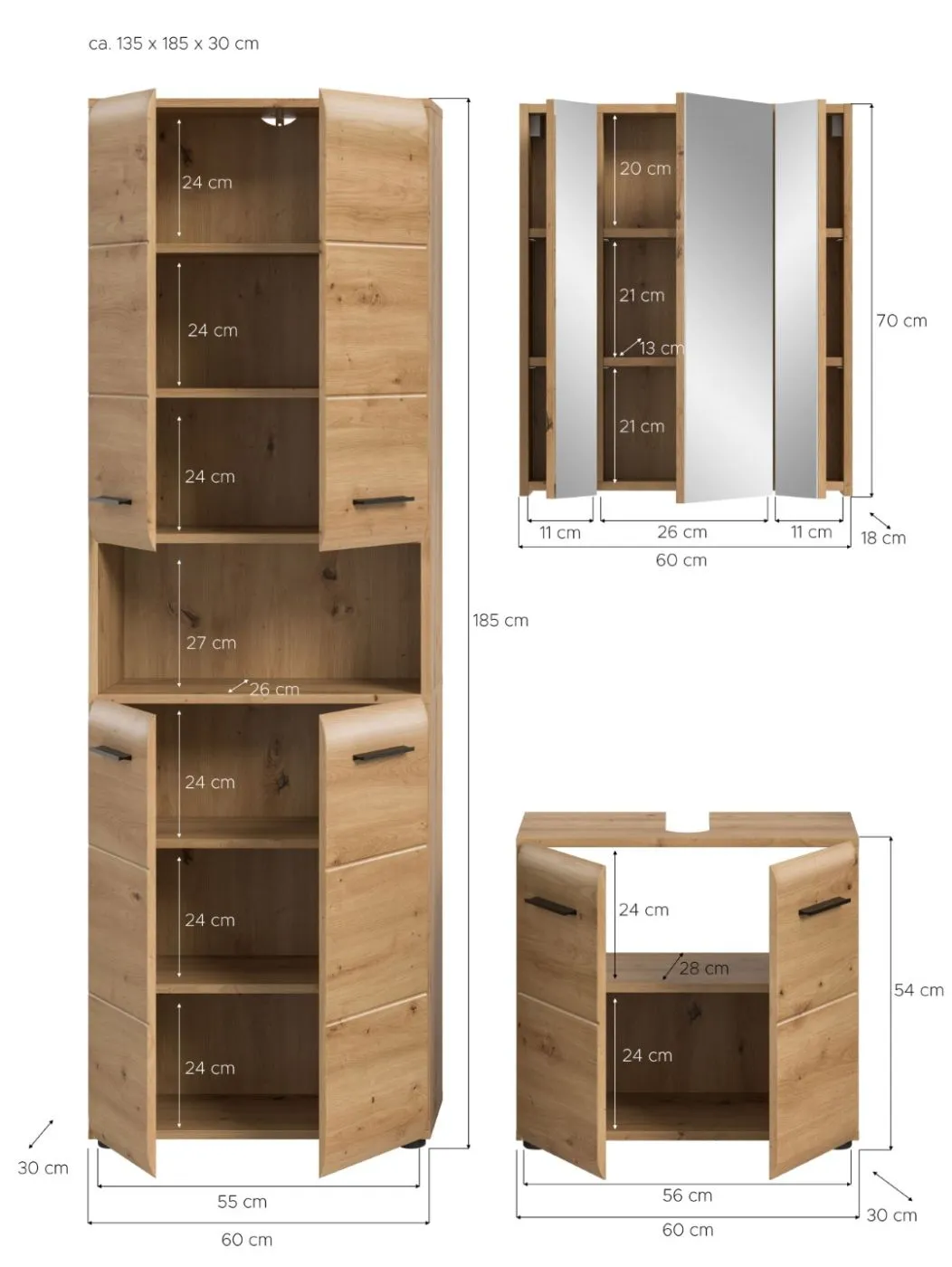 Bad Set Ice | 3-teilig | Artisan Oak ohne Badaufsatzleuchte