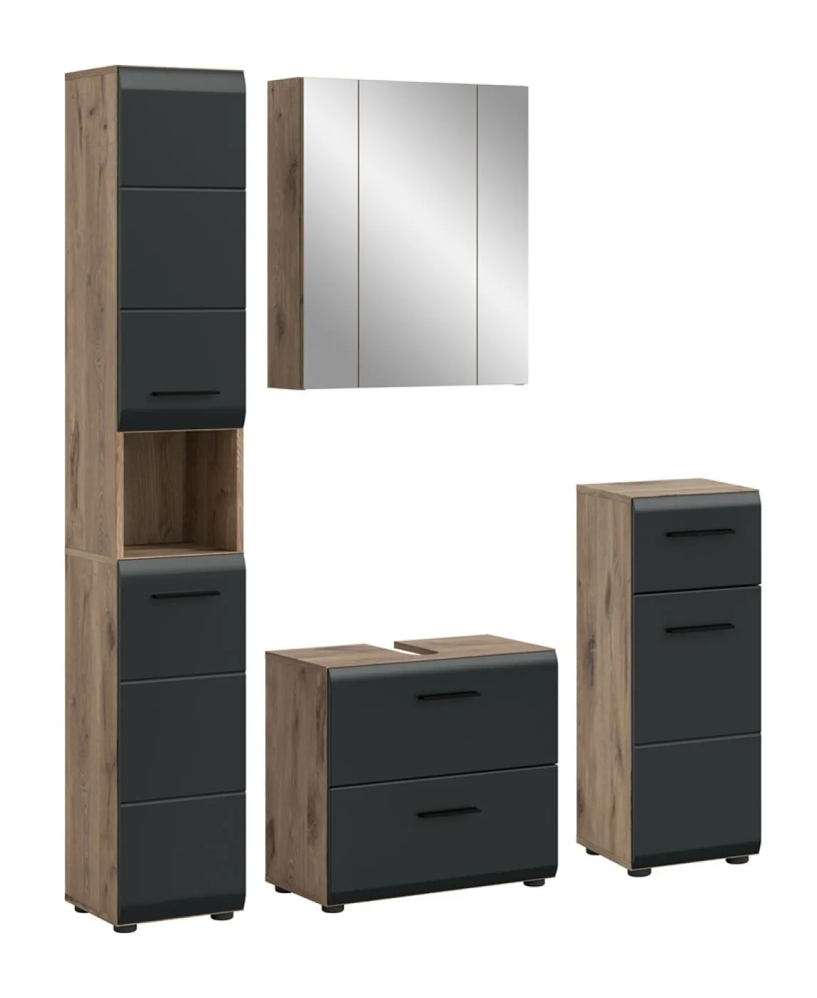 Bad Set Ice | 4-teilig | Nox Oak / schwarz matt mit Aufsatzleuchte