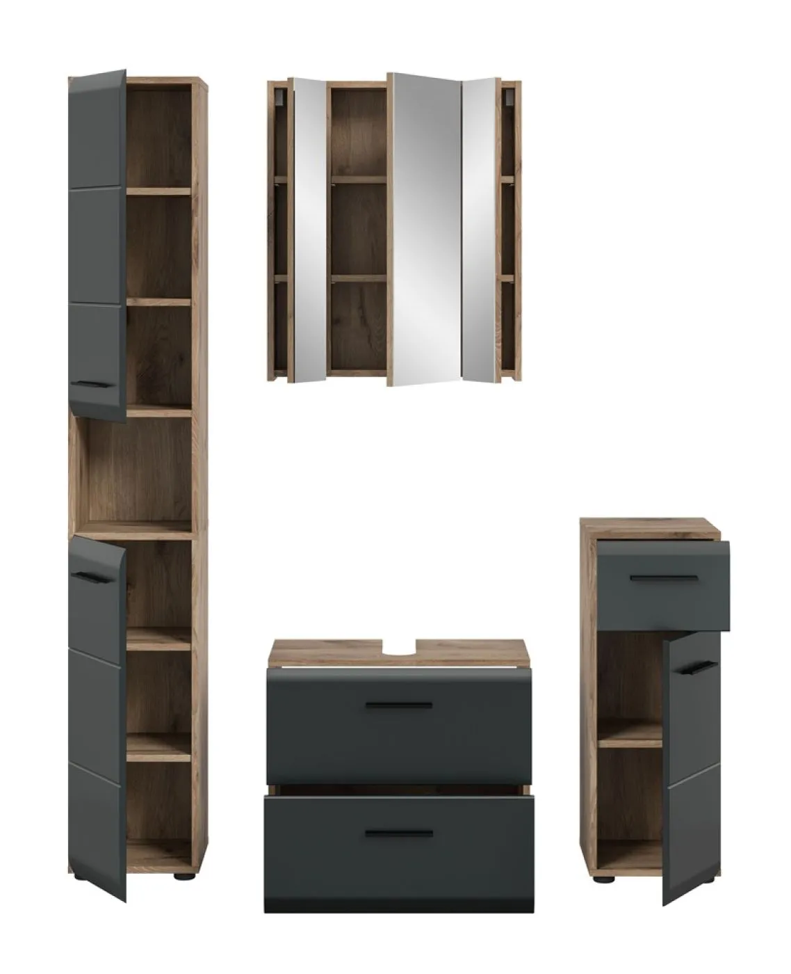 Bad Set Ice | 4-teilig | Nox Oak / schwarz matt mit Aufsatzleuchte