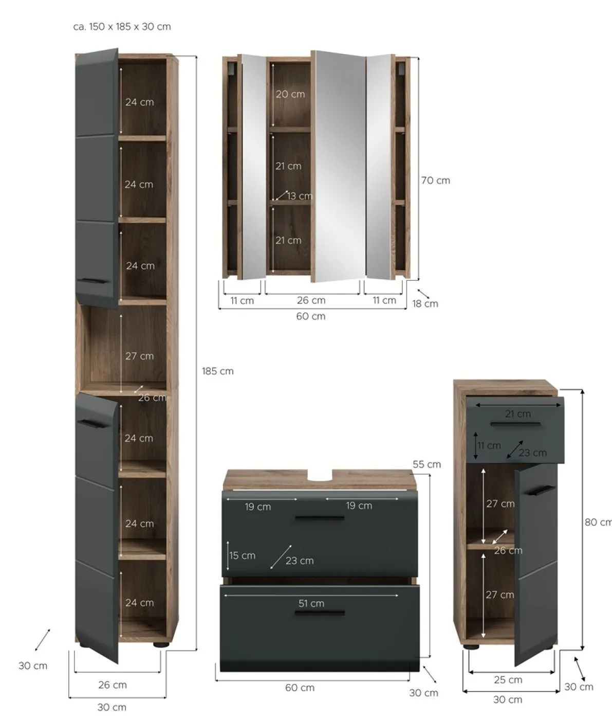 Bad Set Ice | 4-teilig | Nox Oak / schwarz matt mit Aufsatzleuchte