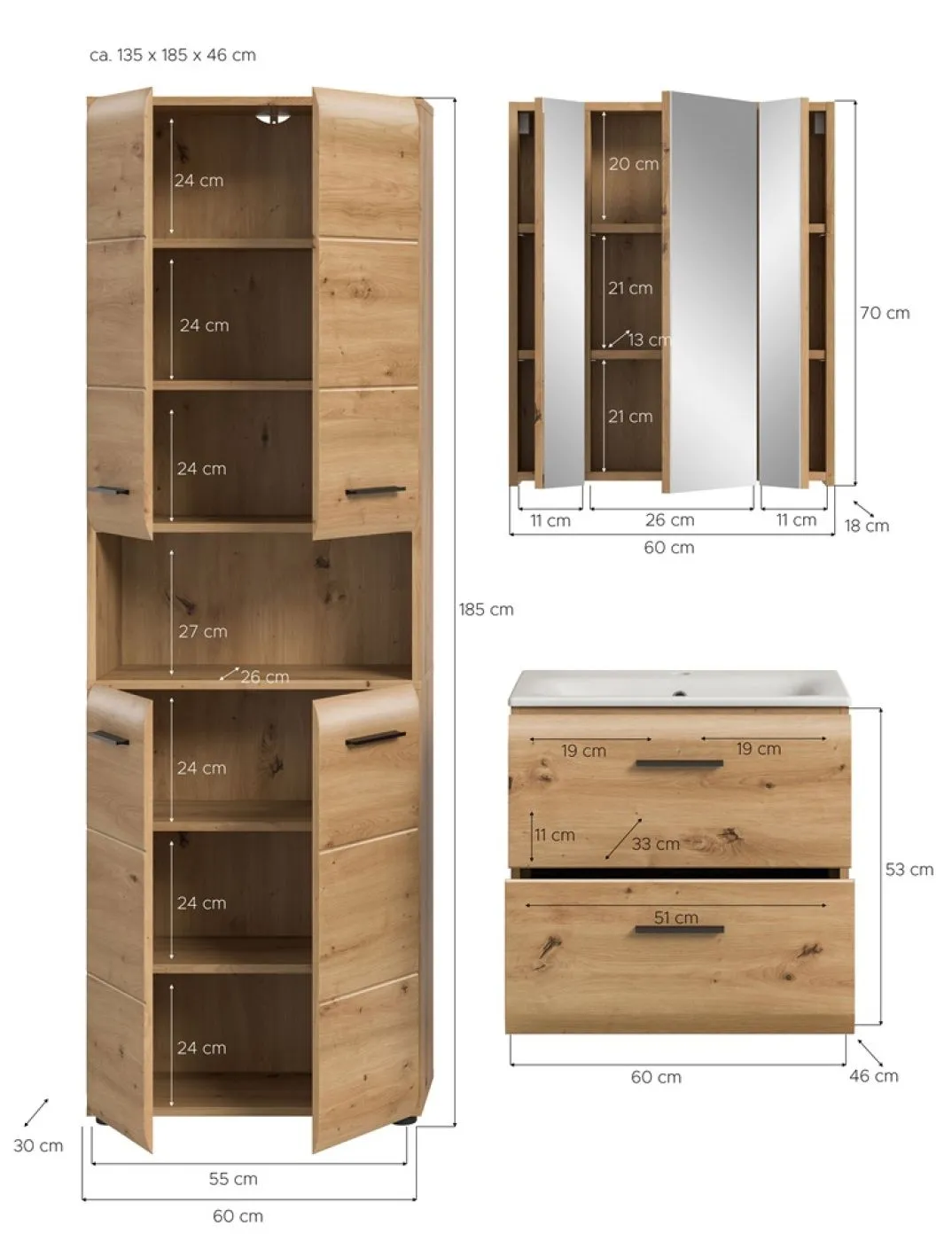 Bad Set Ice 7 | 3-teilig | Artisan Oak mit Badaufsatzleuchte
