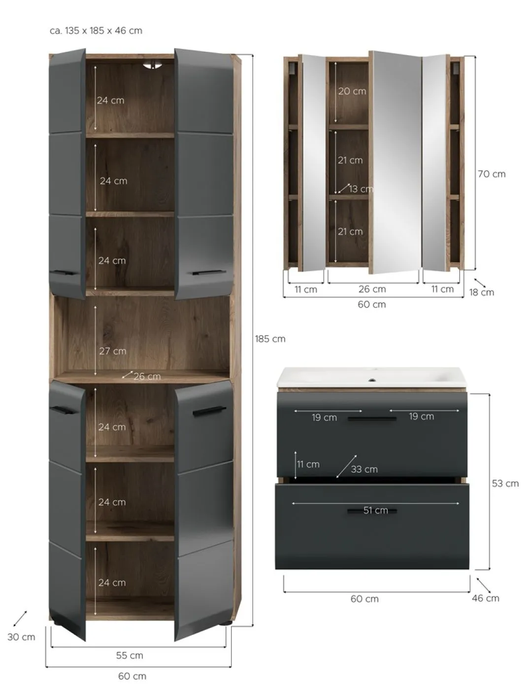 Bad Set Ice 7 | 3-teilig | Nox Oak / schwarz matt ohne