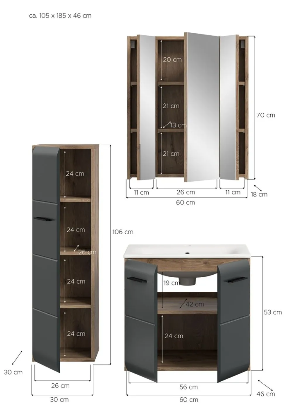Bad Set Ice 8 | 3-teilig | Nox Oak / schwarz matt mit Badaufsatzleuchte