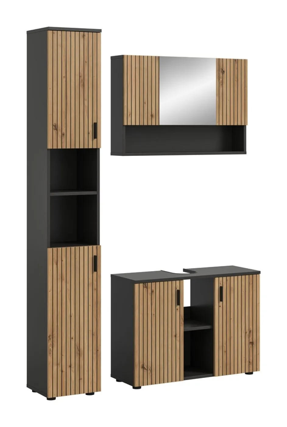 Bad Set Mone | 3-teilig | Basalt grau / Artisan Oak mit Aufsatzleuchte