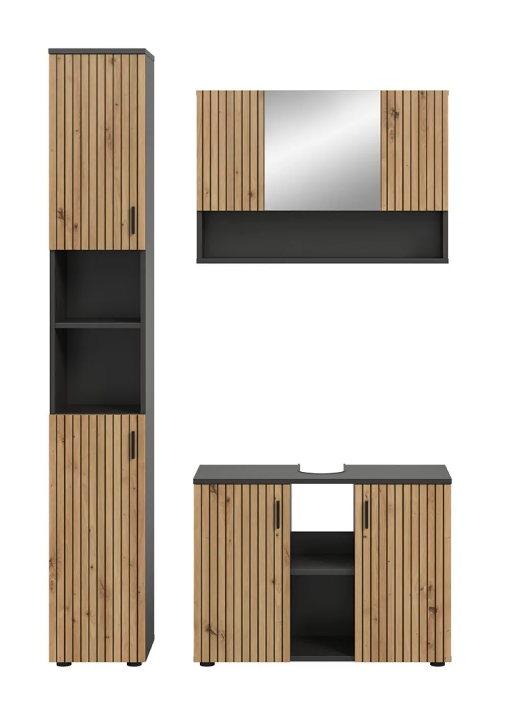 Bad Set Mone | 3-teilig | Basalt grau / Artisan Oak mit Aufsatzleuchte